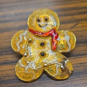 Gold Gingerbread Man Brooch with Red Scarf